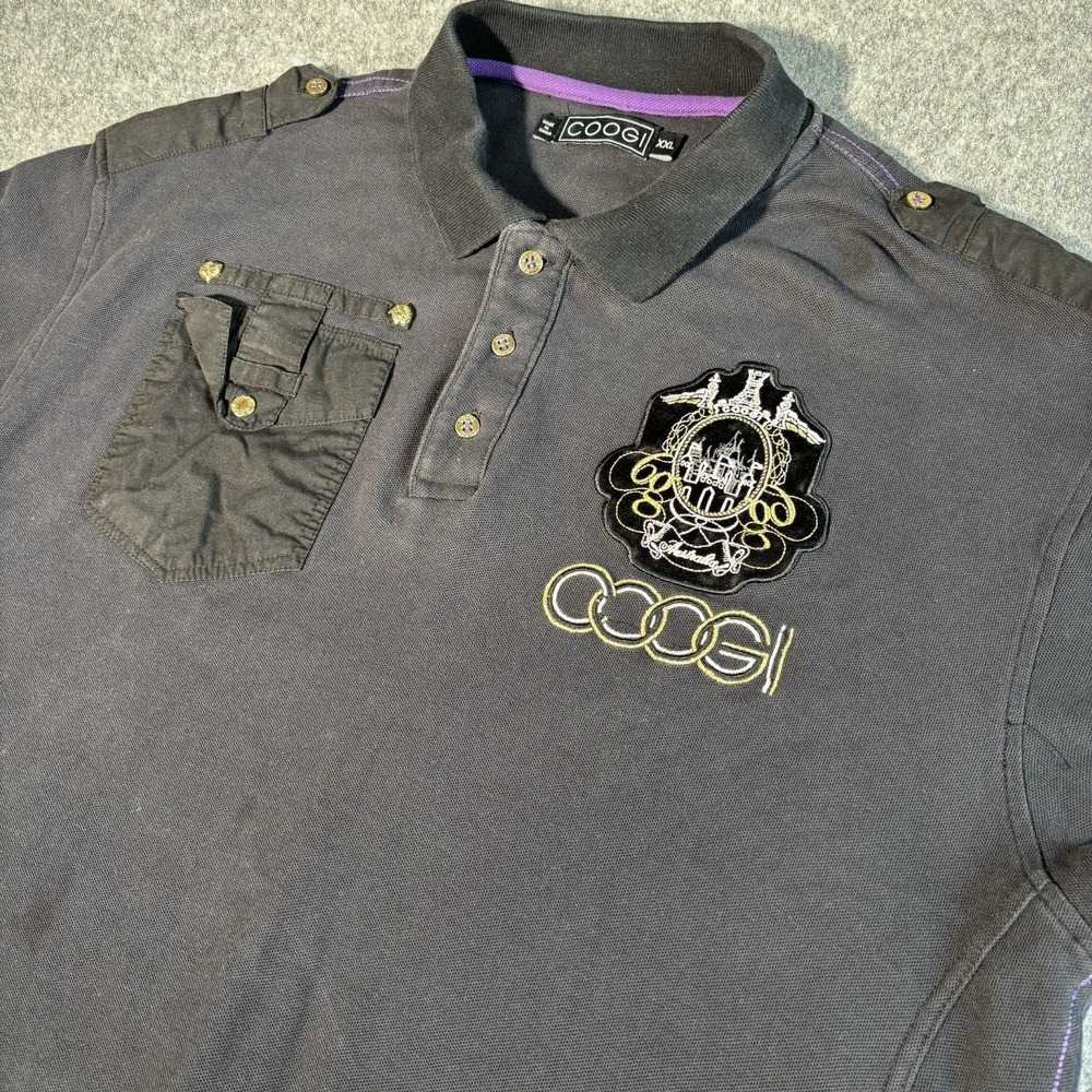 Coogi Polo Shirt Mens XXL Black Embroidered Crest Logo Short Sleeve Streetwear